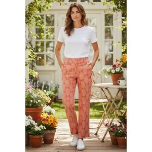 J.McLaughlin Coral White Leaf Print Straight Leg Pants Womens 10 High Rise